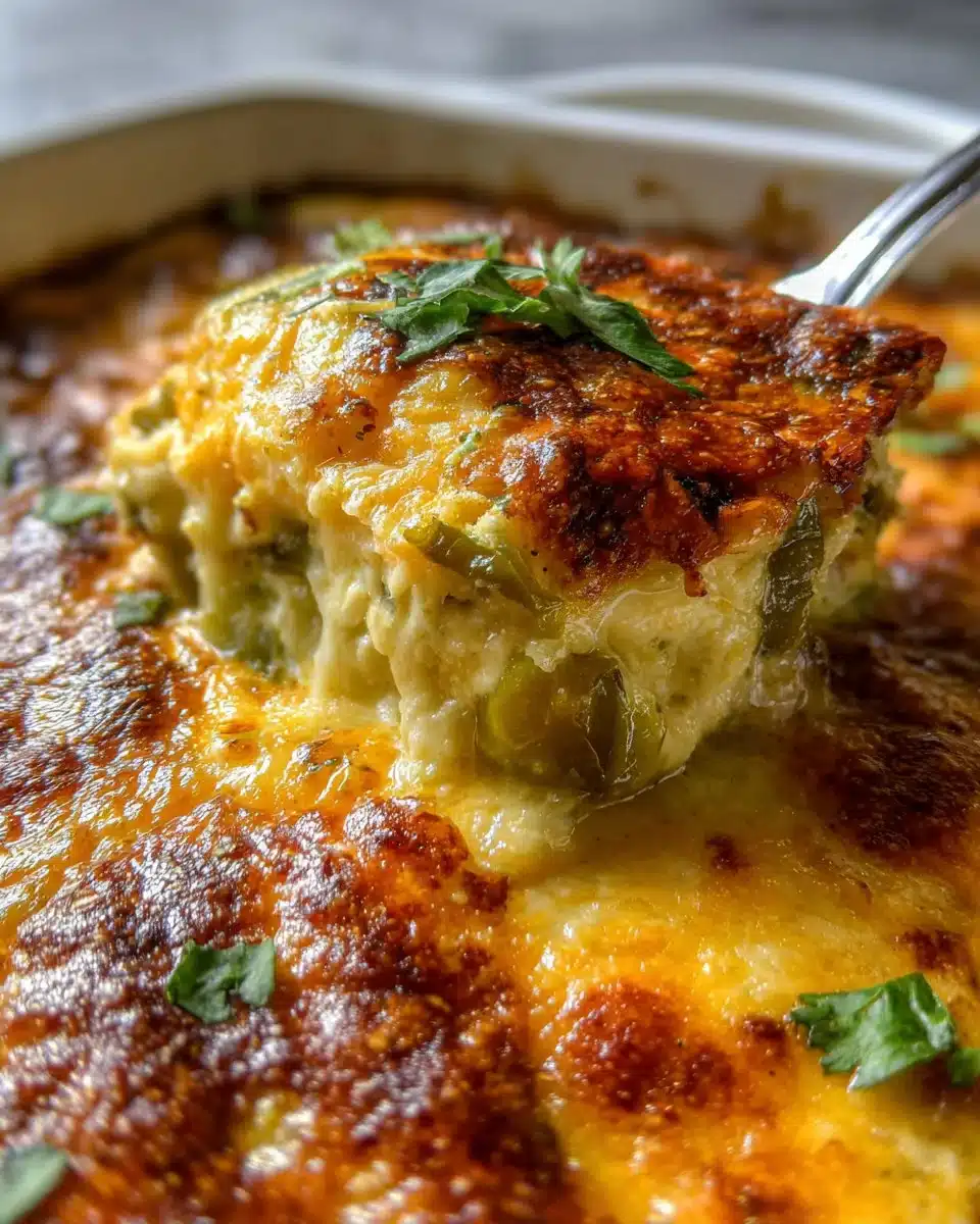 Delicious Stuffed Chile Casserole topped with cheese and fresh herbs