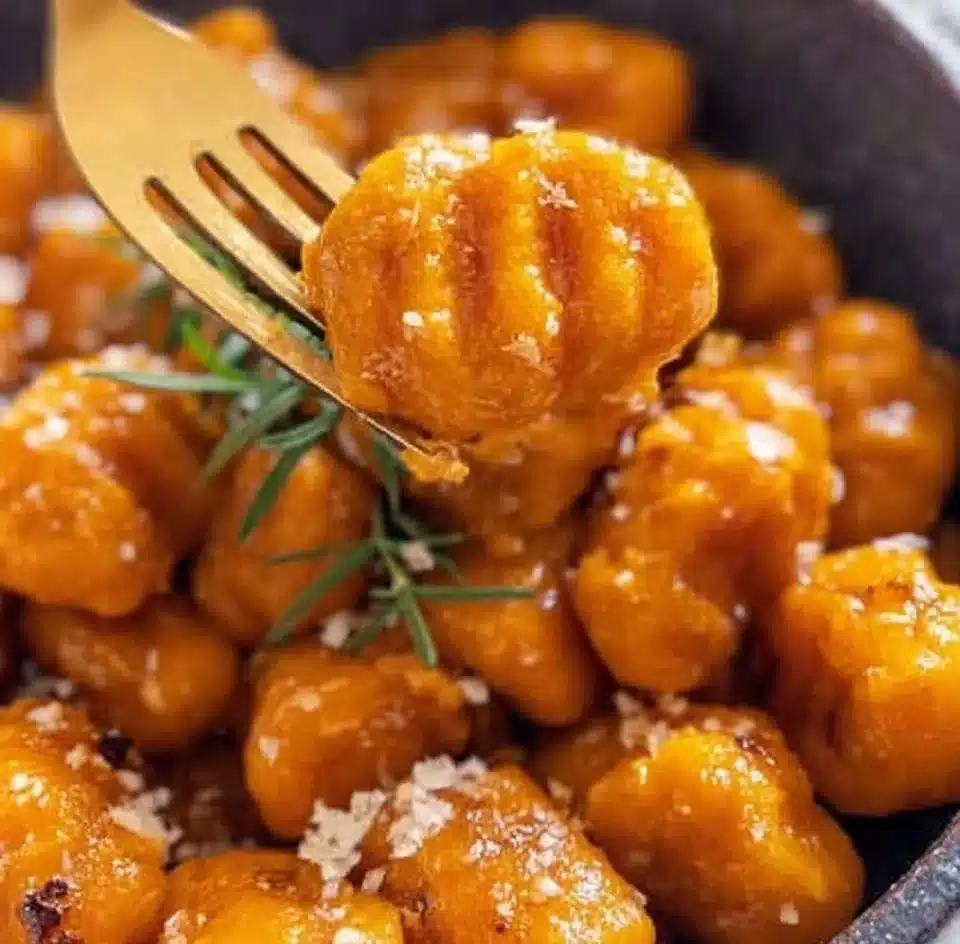 Delicious homemade sweet potato gnocchi served with sage butter sauce.