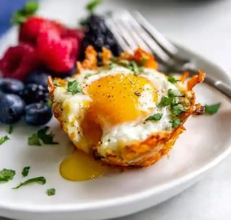 Sweet potato hash baked egg cups on a plate, garnished with herbs