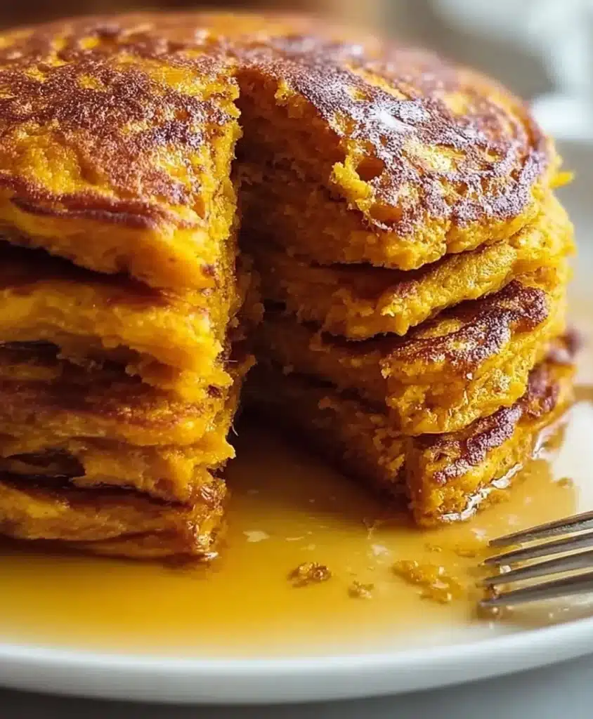Plate of fluffy sweet potato pancakes drizzled with syrup and topped with fresh berries