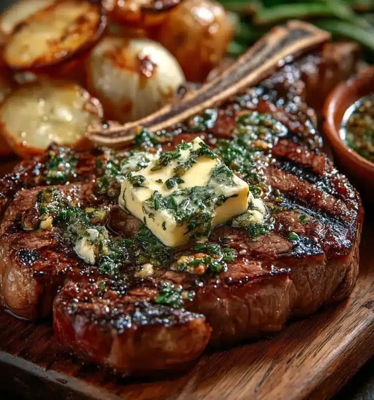 Succulent T Bone Steak drizzled with aromatic herb butter, ready to serve.