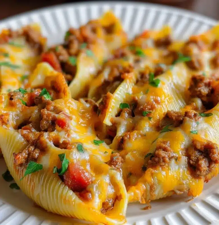 Taco Stuffed Shells filled with seasoned beef, cheese, and fresh toppings.