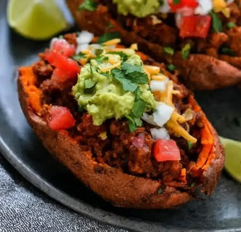 Taco stuffed sweet potatoes topped with avocado and cilantro.