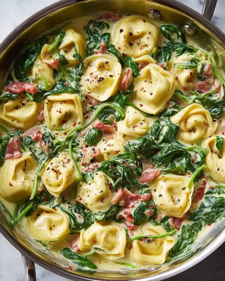 Plate of tortellini with fresh spinach and sauce