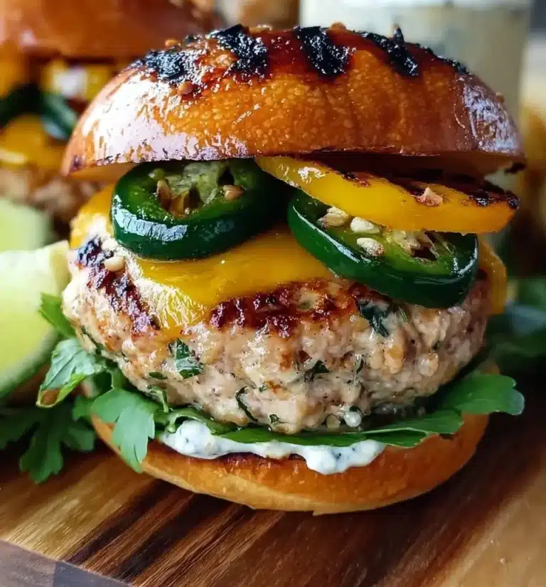 Turkey Jalapeño Cheeseburgers with melted cheese and jalapeños on a plate.