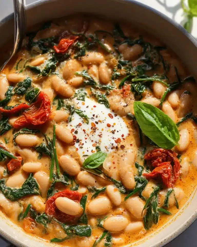 Delicious Tuscan White Bean Skillet topped with fresh herbs