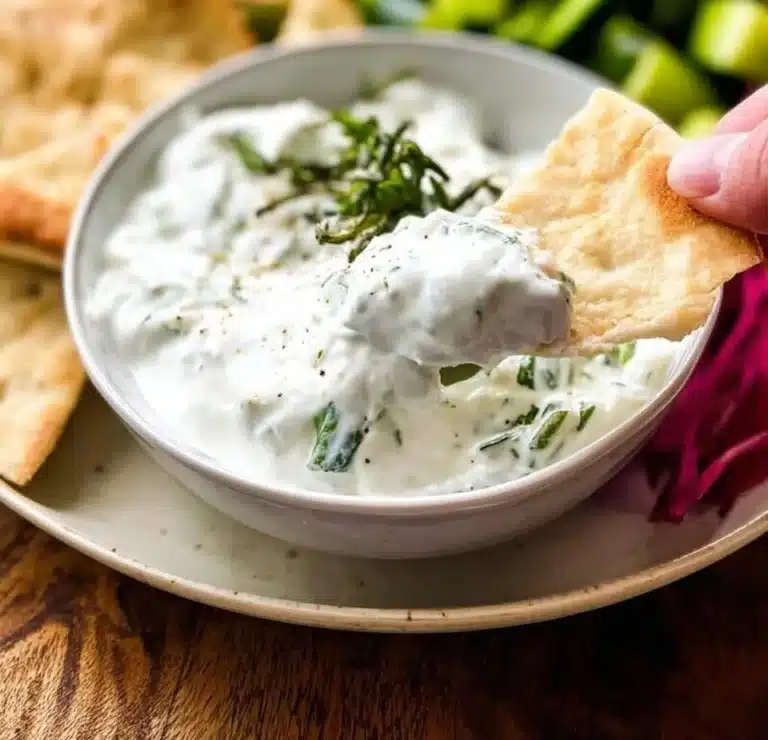 Tzatziki sauce made with Greek yogurt, cucumber, and herbs