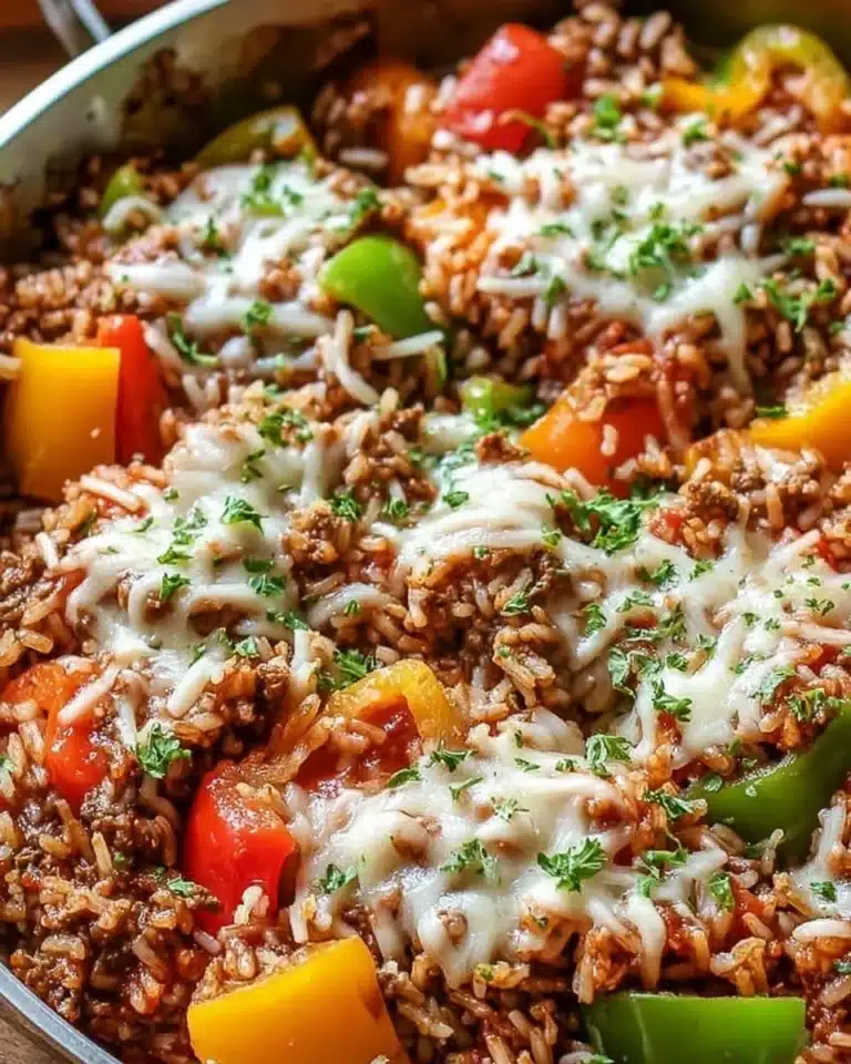 Delicious unstuffed pepper skillet made with bell peppers, rice, and ground meat.