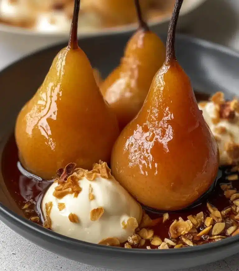 Delicious Vanilla Bourbon Poached Pears served on a plate with drizzled sauce