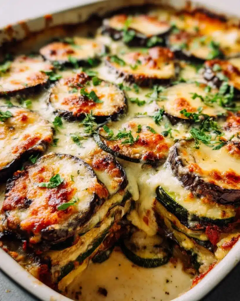 Delicious homemade Vegetable Moussaka with layers of vegetables and creamy sauce.