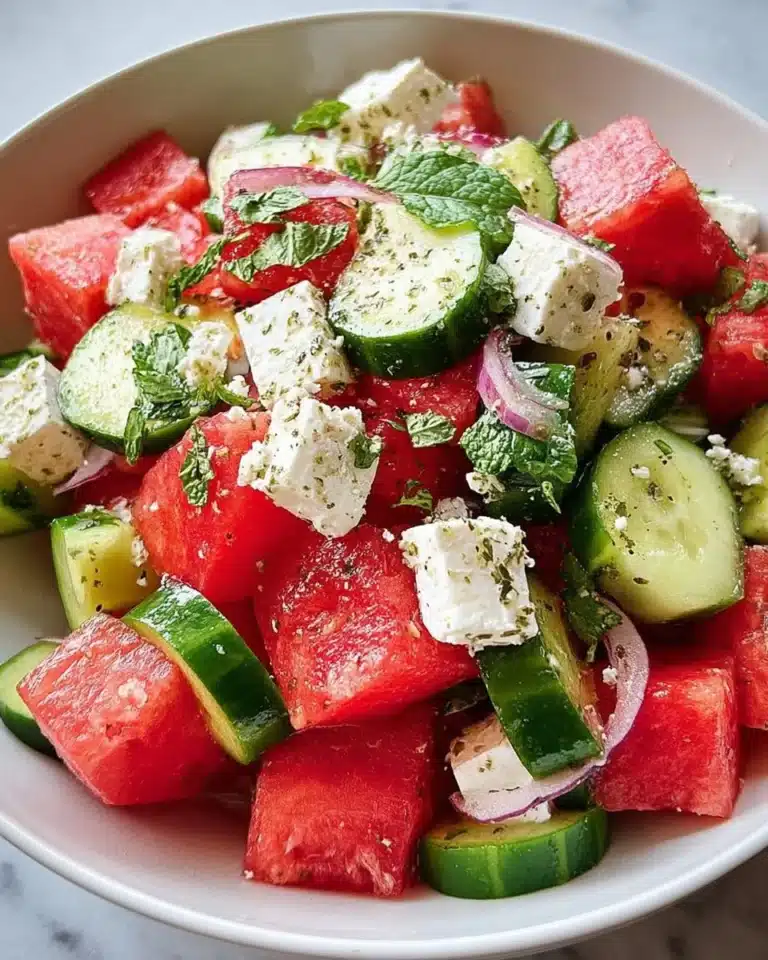 Watermelon Cucumber Feta Salad served in a bowl with fresh ingredients
