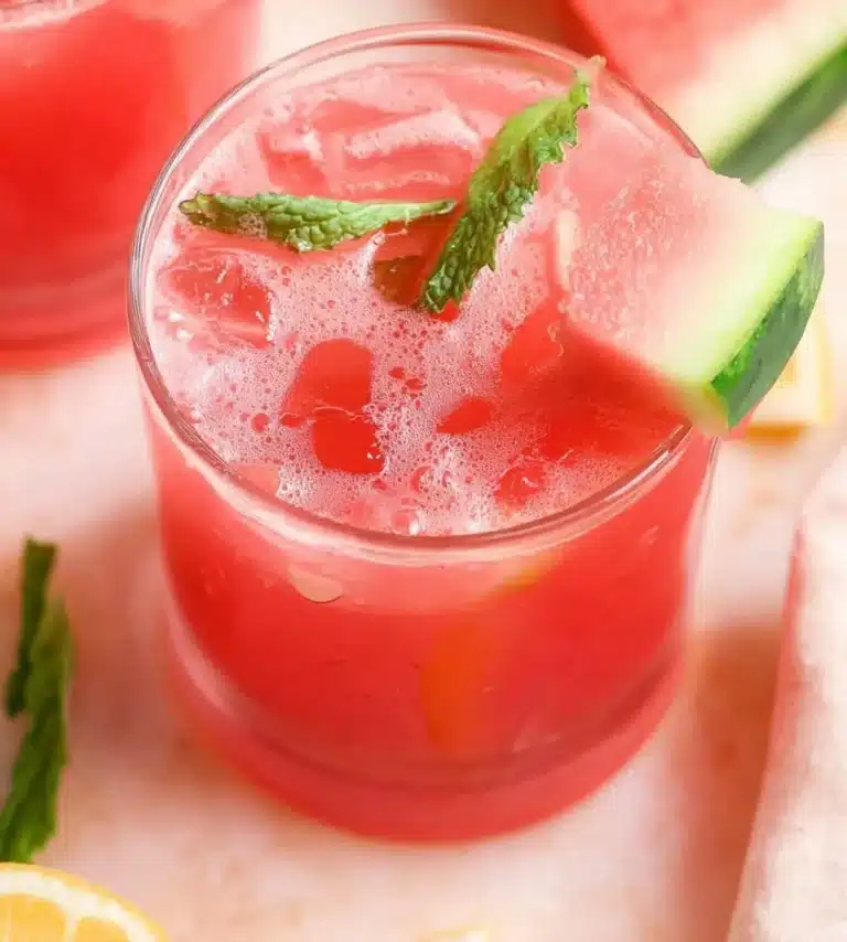 Refreshing watermelon lemonade in a glass with lemon slices and mint leaves.