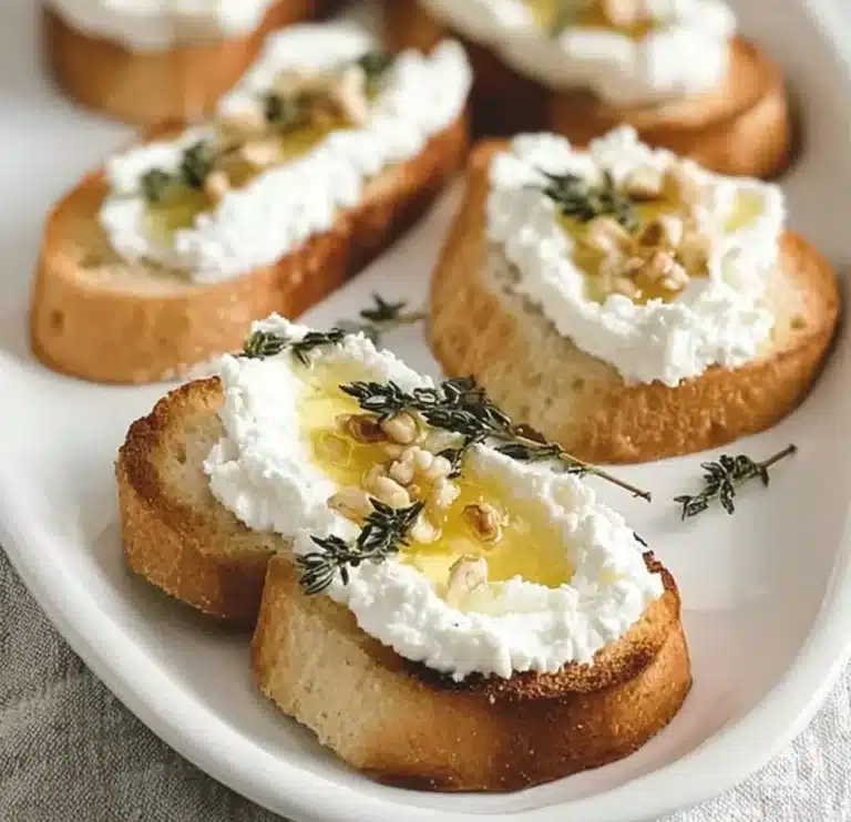 Delicious whipped ricotta crostini drizzled with honey on a wooden platter.