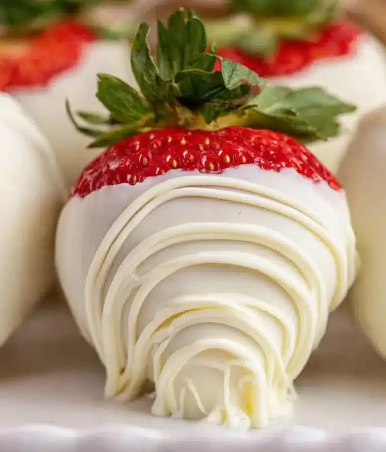 Delicious white chocolate covered strawberries arranged on a plate.