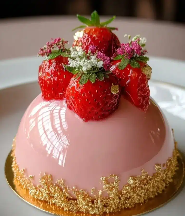 Delicious White Chocolate Strawberry Mousse Domes topped with fresh strawberries.