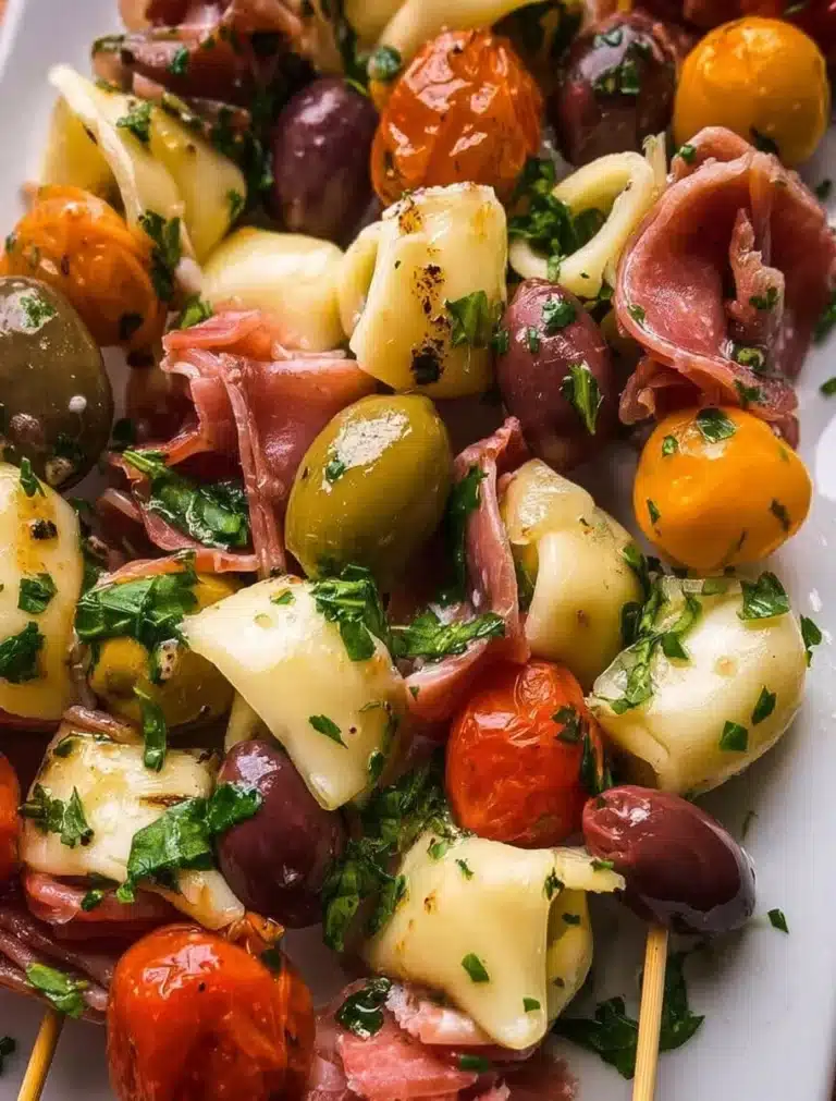 Colorful antipasto skewers with olives, cheese, and cherry tomatoes on a platter.