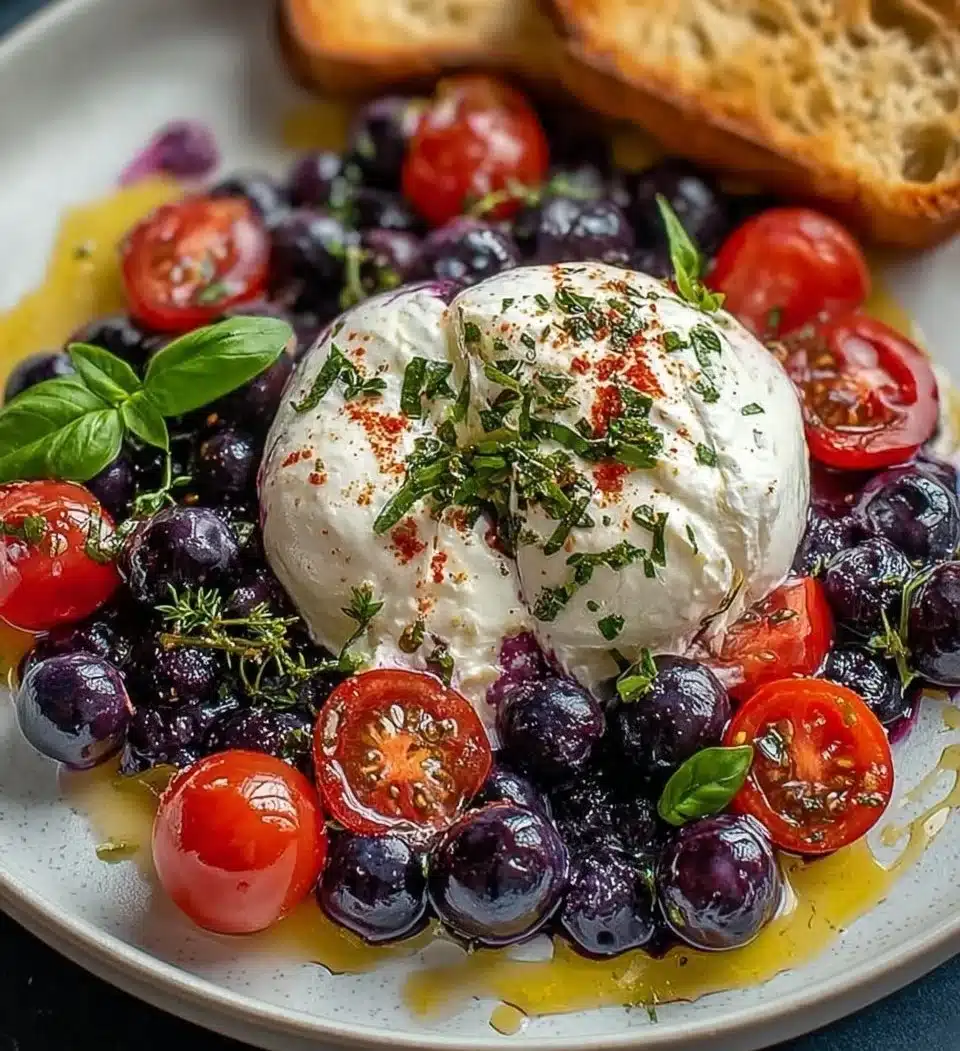Plate of Blueberry Burrata with fresh blueberries and herbs