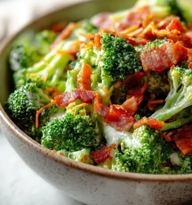 Broccoli salad with crispy bacon and fresh vegetables served in a bowl