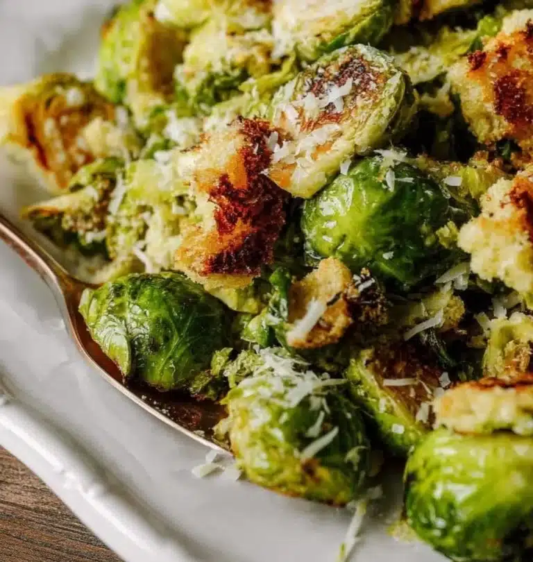 Brussels Sprouts Caesar Salad with creamy dressing and parmesan cheese