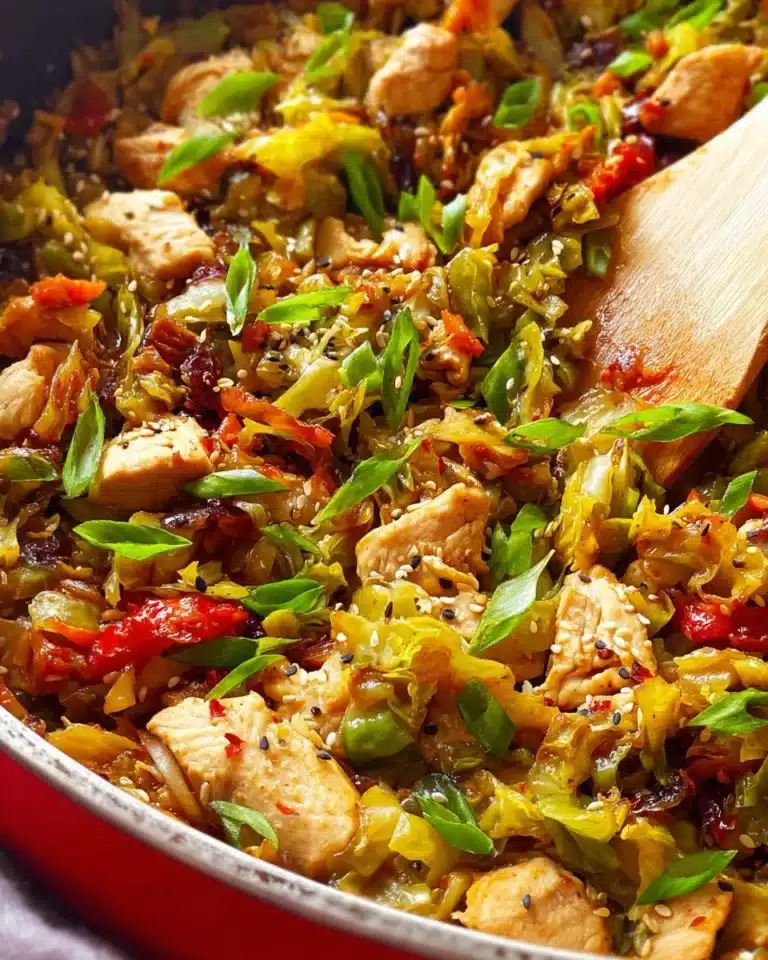 Colorful cabbage stir fry with vegetables in a skillet garnished with herbs