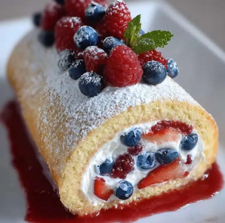 Delicious homemade cake roll filled with cream and topped with chocolate drizzle.