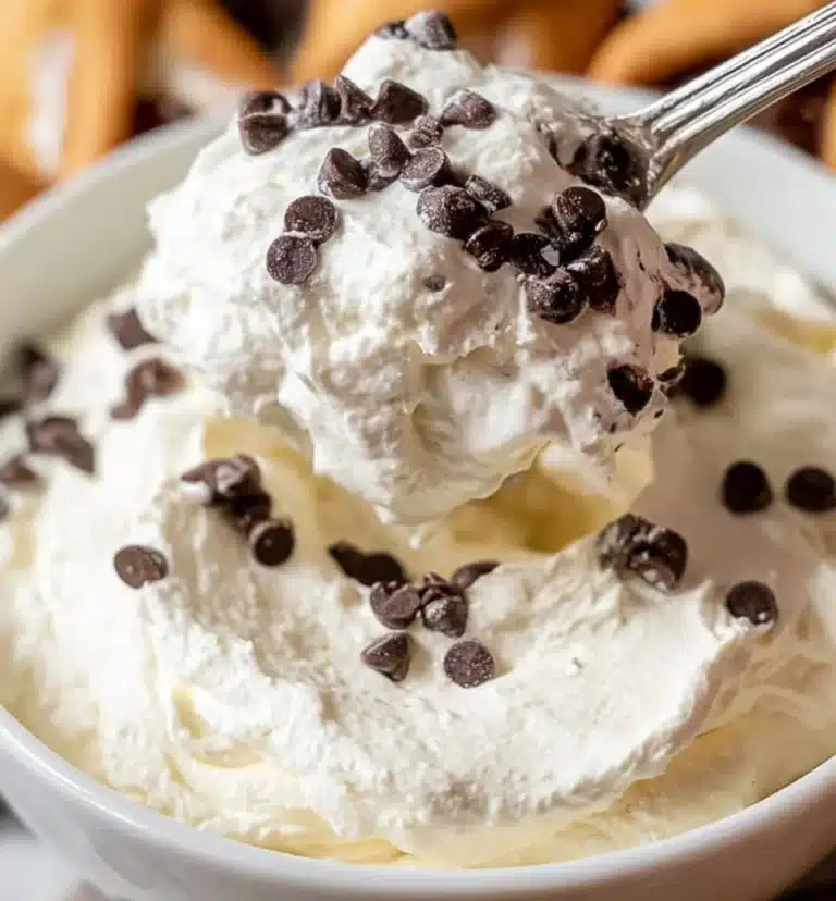 Delicious cannoli dip served in a bowl with chocolate chips and pistachios
