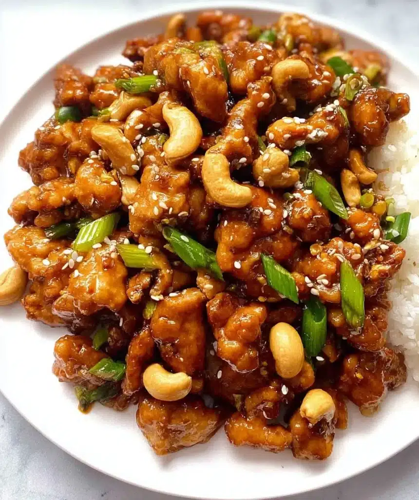 A plate of cashew chicken with vibrant vegetables and toasted cashews