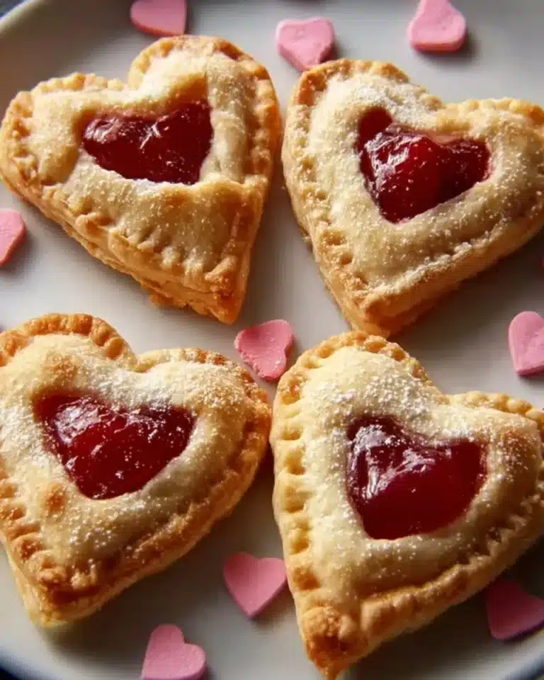 Delicious freshly baked Cherry Heart Pies on a plate with hearts decoration