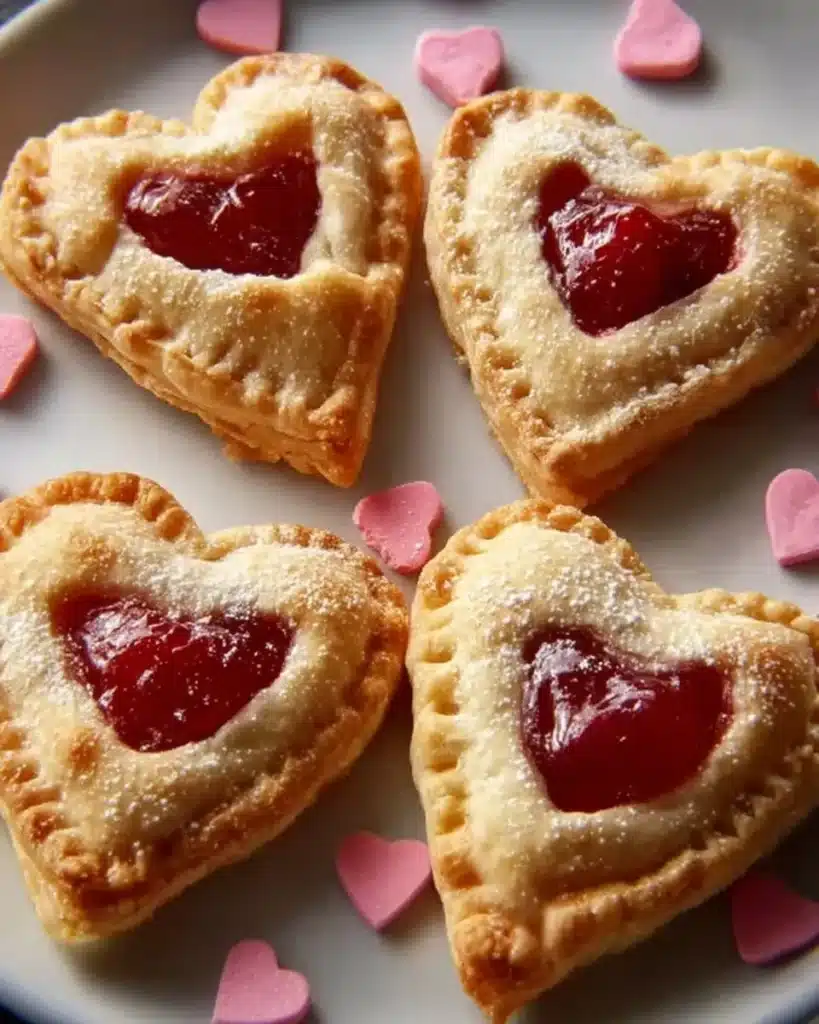 Delicious freshly baked Cherry Heart Pies on a plate with hearts decoration