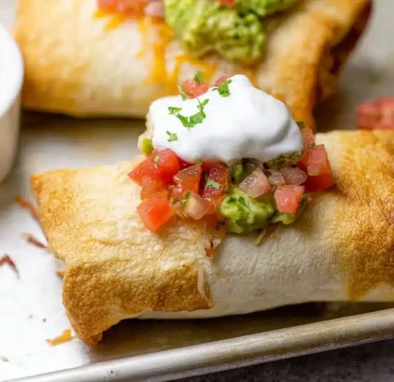 Delicious Chicken Chimichangas served with toppings and salsa.