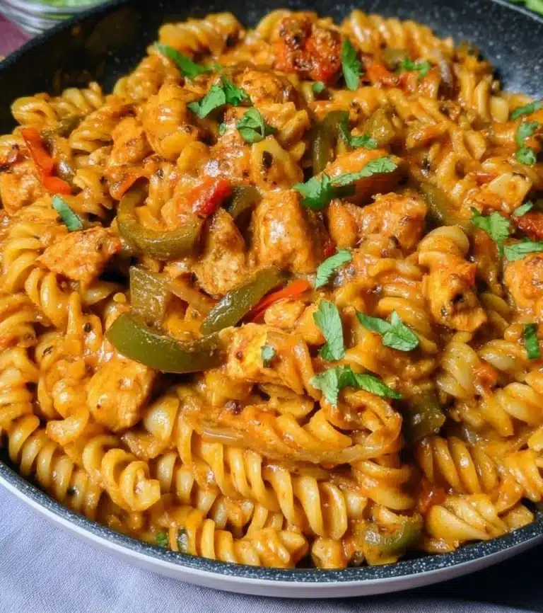 Delicious Chicken Fajita Pasta with chicken, bell peppers, and creamy sauce