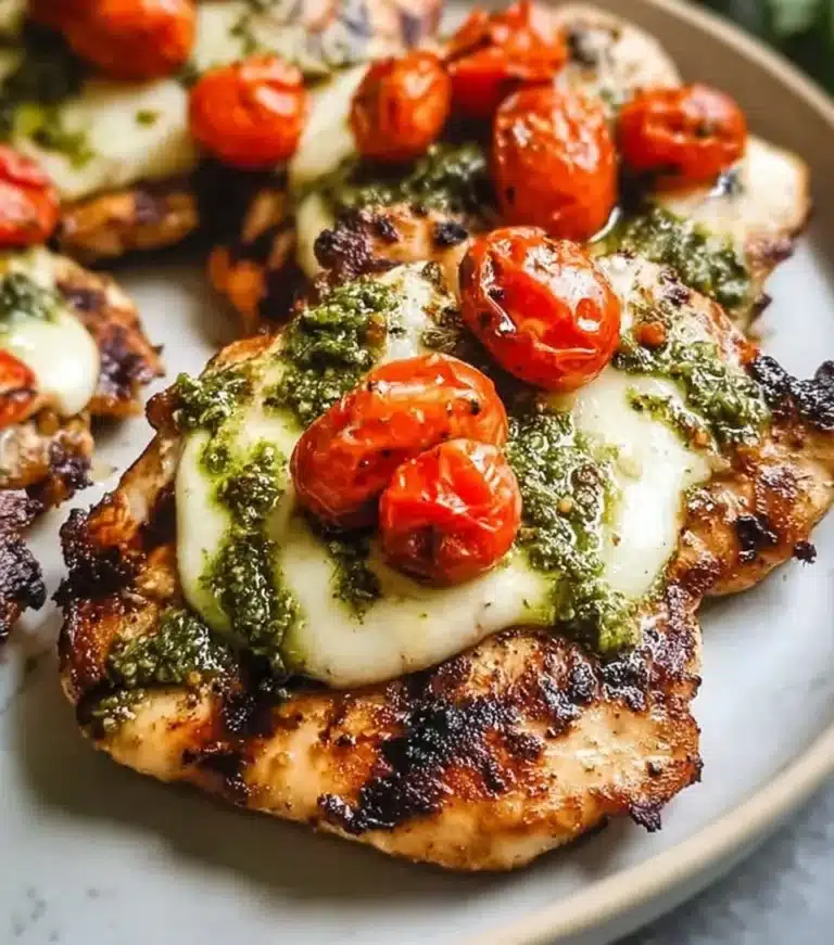 Delicious Chicken Margherita with mozzarella, tomatoes, and basil on a plate