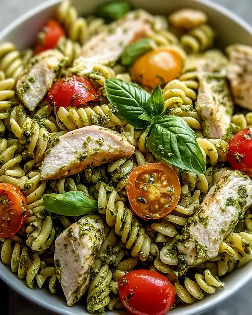 Delicious Chicken Pesto Pasta Salad served in a bowl with fresh ingredients.