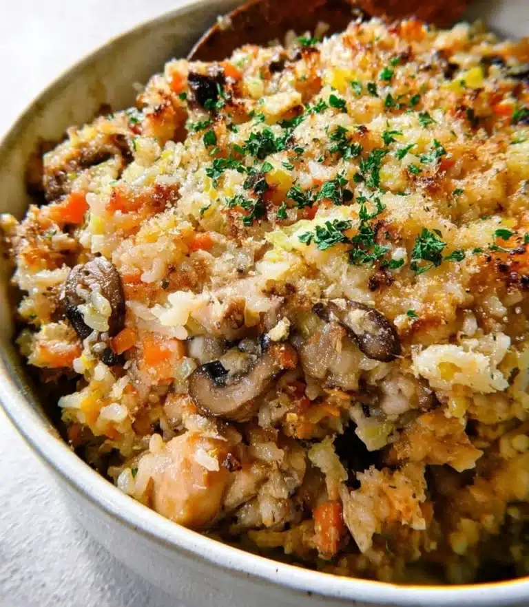 Delicious Chicken Rice Casserole topped with herbs and spices in a baking dish