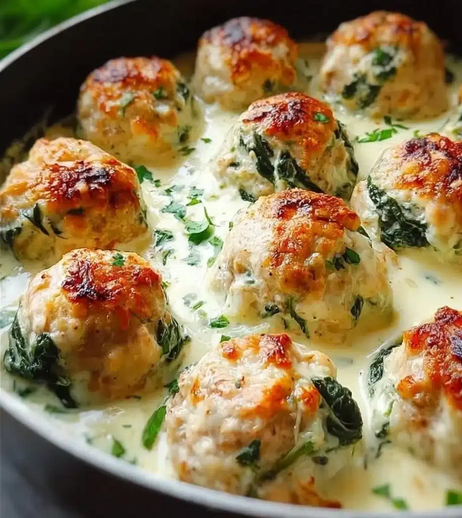Delicious Chicken Ricotta Meatballs served with marinara sauce and herbs