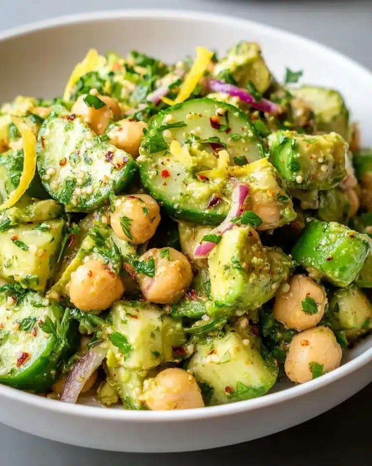 Chickpea Avocado Cucumber Salad in a bowl with fresh vegetables