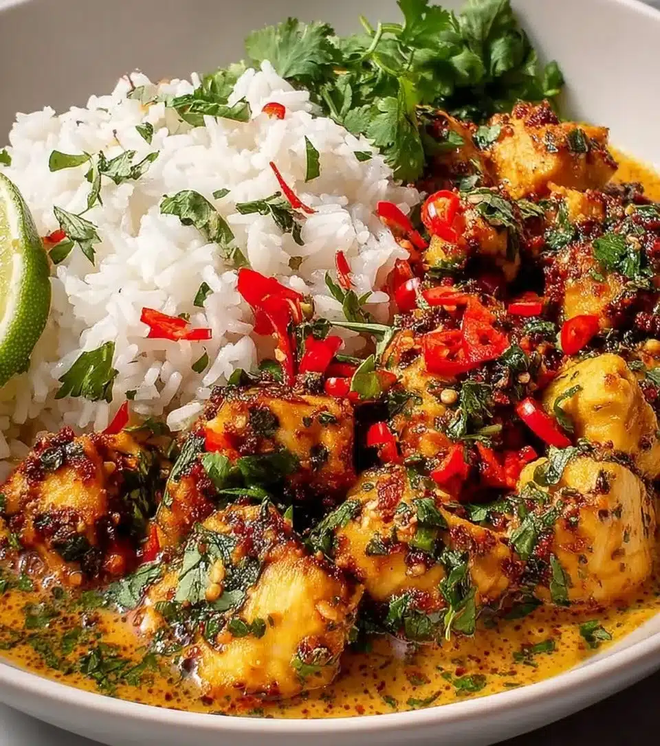 Delicious Coconut Chicken Rice Bowl topped with fresh herbs and spices