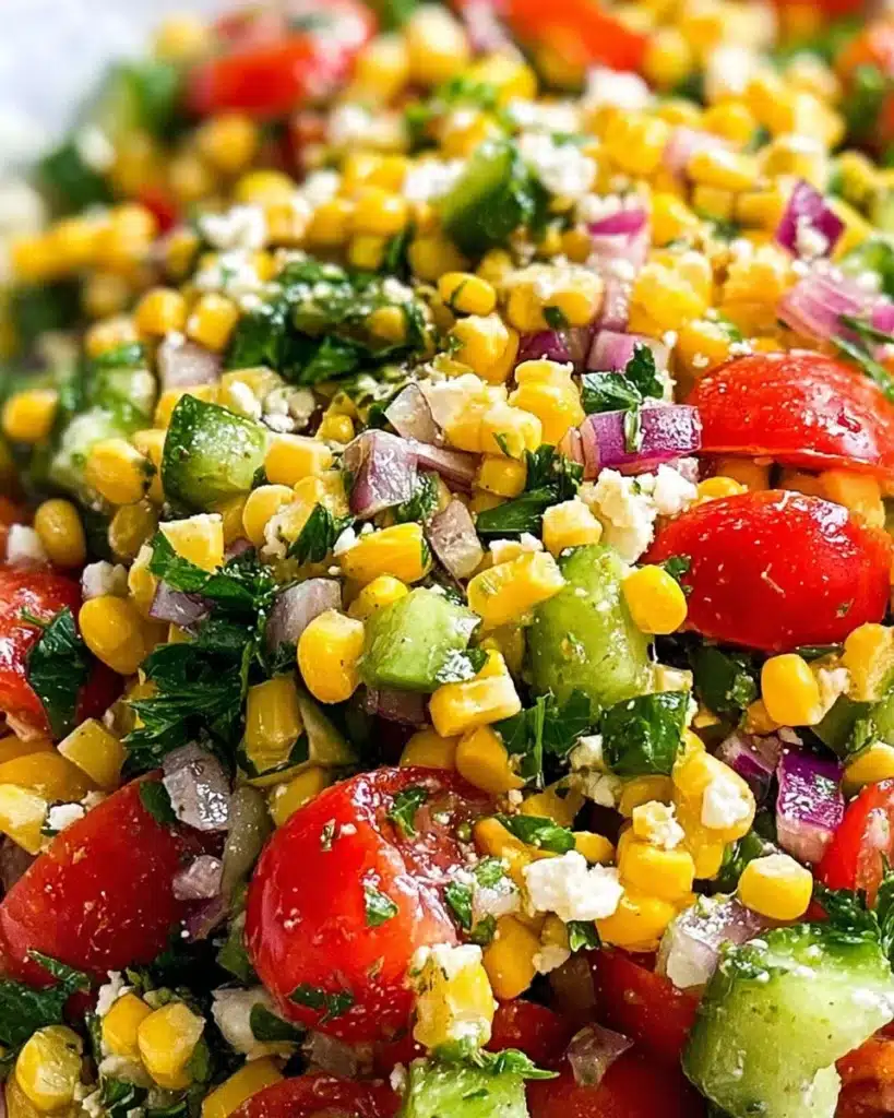 Colorful corn salad with fresh vegetables and dressing served in a bowl.