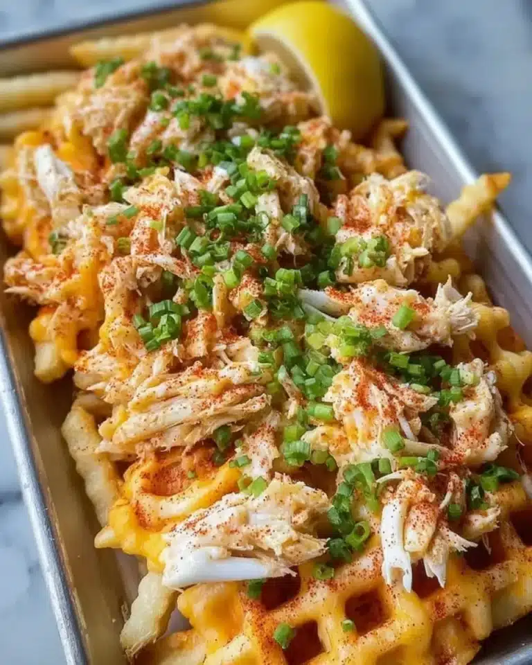 Delicious Crab Fries topped with Cheddar Mozzarella cheese