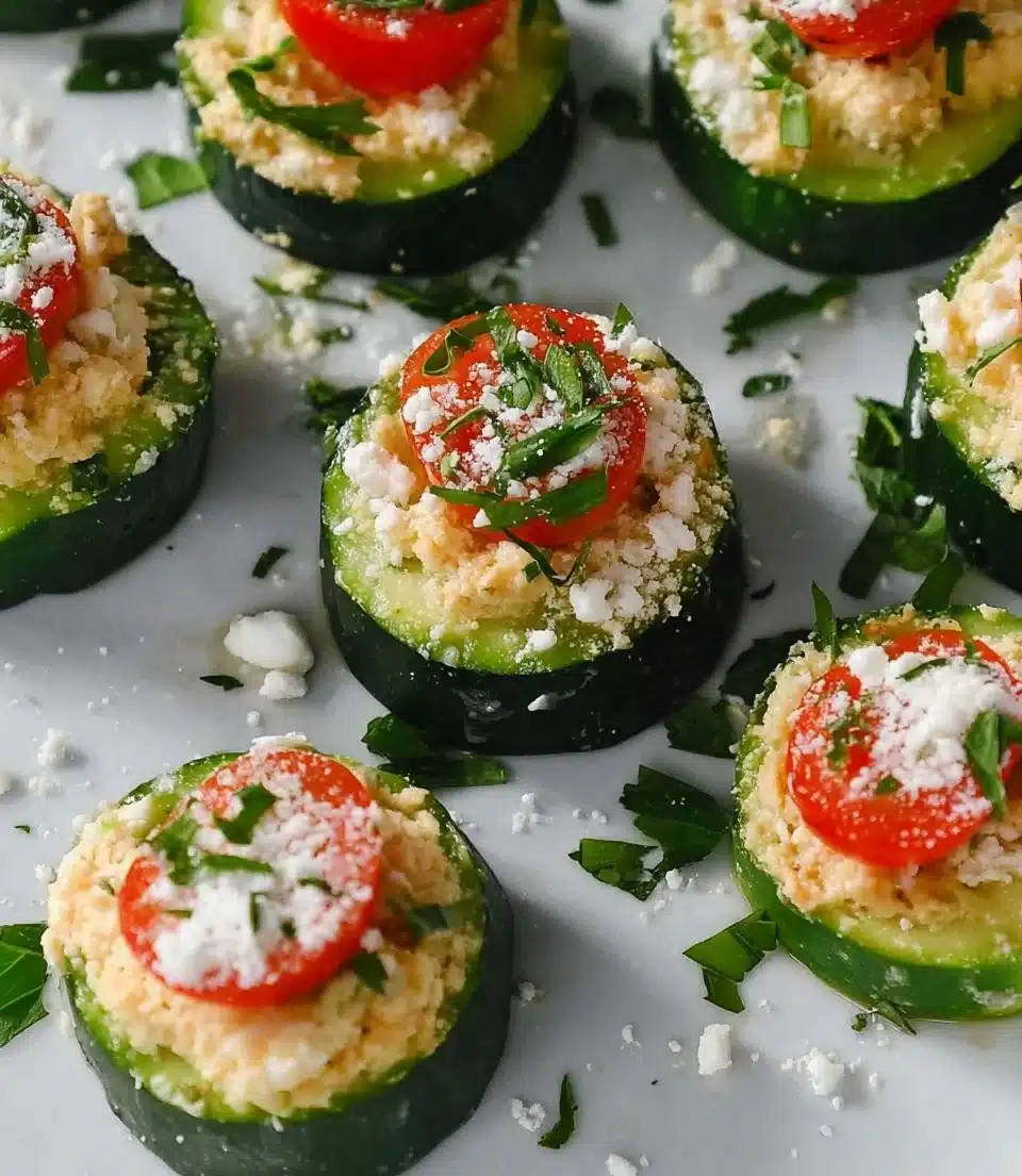 Plate of refreshing cucumber bites topped with herbs and seasoning