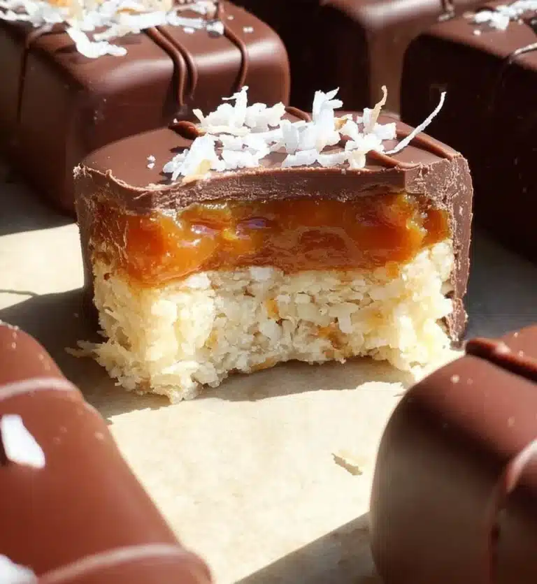 Homemade Date Caramel Coconut Bars stacked on a wooden board