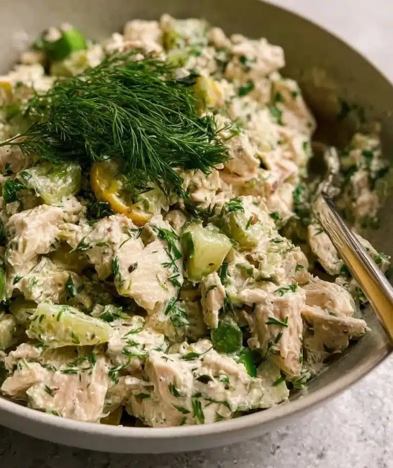 A bowl of Dill Pickle Chicken Salad with fresh ingredients and pickles.