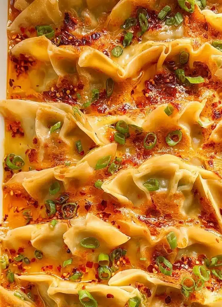 Delicious dumpling bake dish ready to serve with toppings