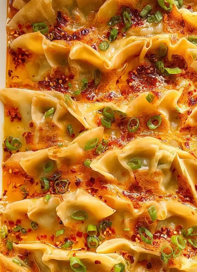 Delicious dumpling bake dish ready to serve with toppings