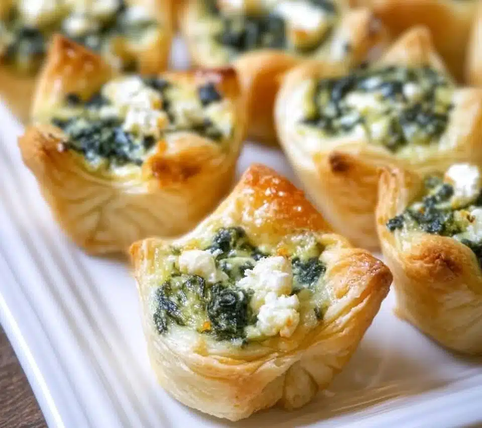 Feta Spinach Tartlets served on a white platter