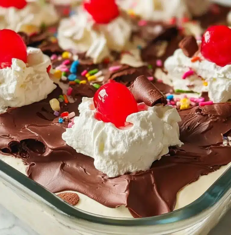 Delicious ice cream sundae squares with toppings and whipped cream
