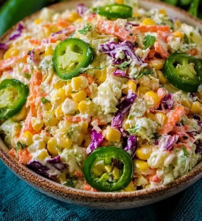 Jalapeno Corn Coleslaw served in a vibrant bowl, topped with fresh cilantro.