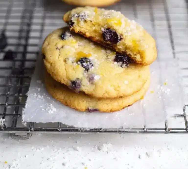 Freshly baked lemon blueberry cookies on a cooling rack