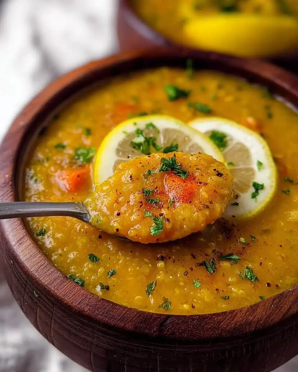Bowl of Lemon Lentil Soup garnished with fresh herbs