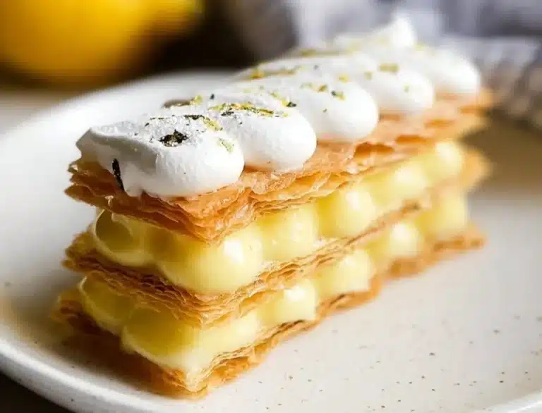 Delicious Lemon Mille Feuille dessert with layers of lemon cream and puff pastry